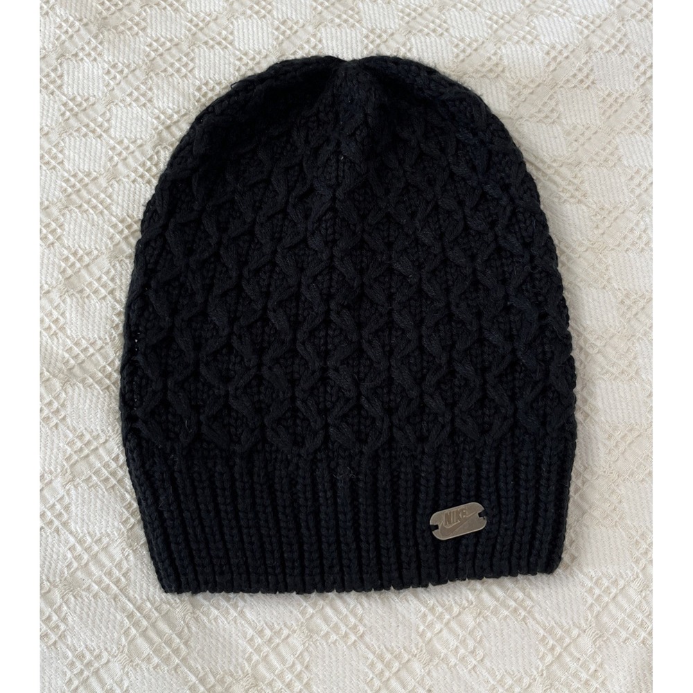 Nike Womens Knit Beanie Black Charcoal Cable Knit Winter Hat OS Check Logo